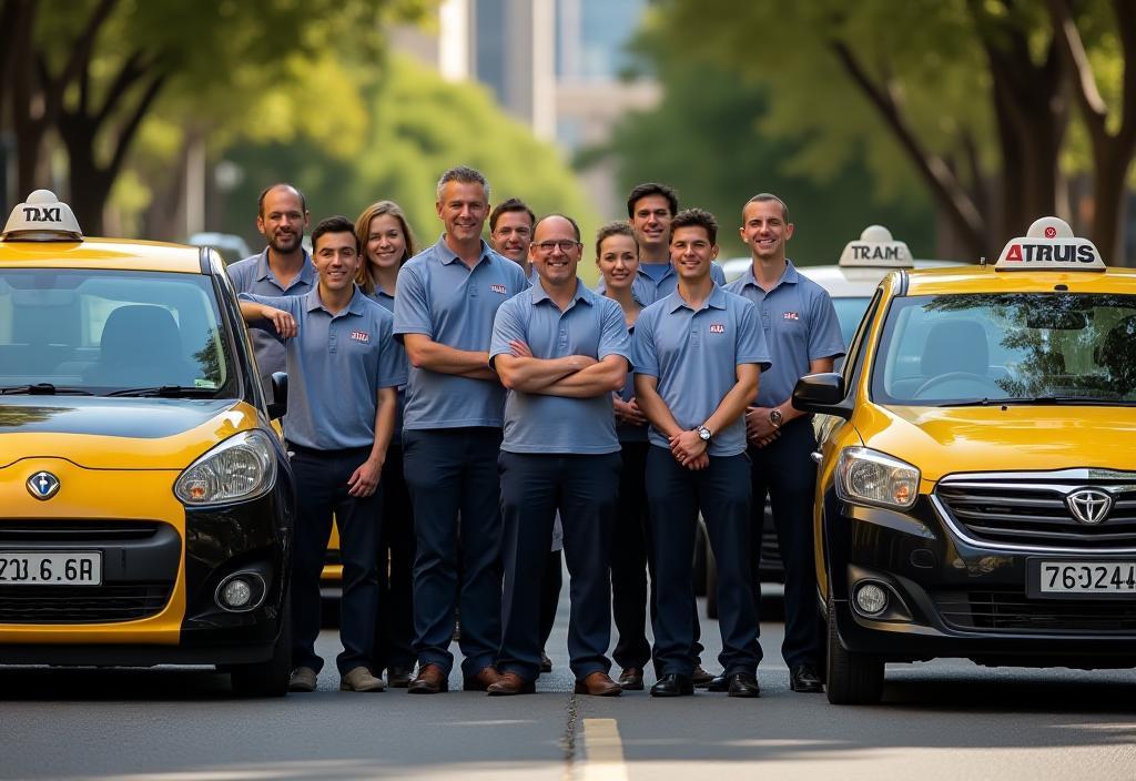 Sydney Metro Taxis drivers standing beside fleet vehicles