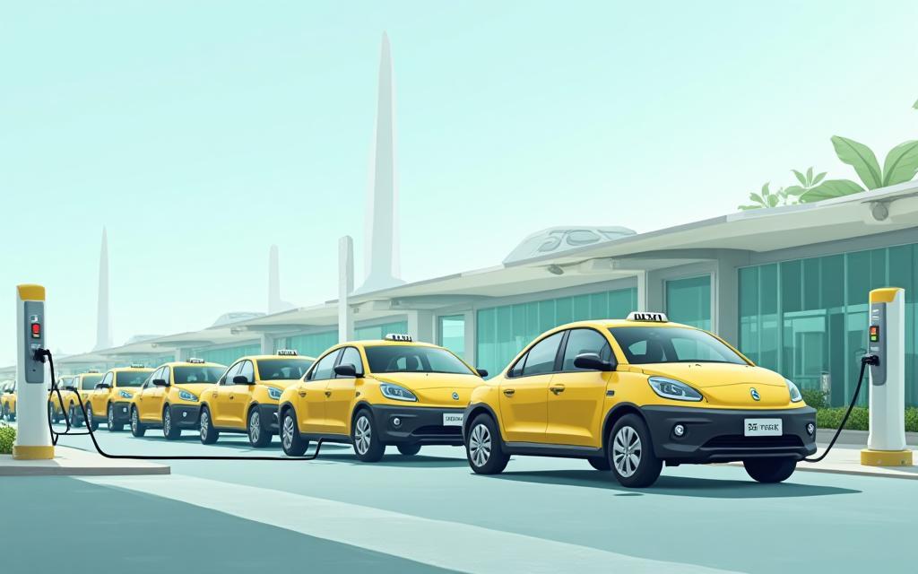 Row of electric taxis charging at Sydney Metro depot